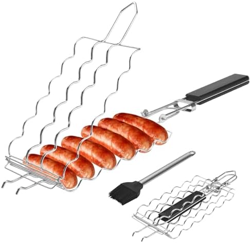 Hot Dog Holders for grilling with Brush - 6 hotdog bbq basket Stainless Steel Barbecue Mesh Clip，Removable Heat-Resistant Wooden Handle for Sausages, Steak, Vegetables Cooking, Easy to Clean & Store