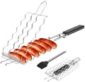 Hot Dog Holders for grilling with Brush - 6 hotdog bbq basket Stainless Steel Barbecue Mesh Clip，Removable Heat-Resistant Wooden Handle for Sausages, Steak, Vegetables Cooking, Easy to Clean & Store