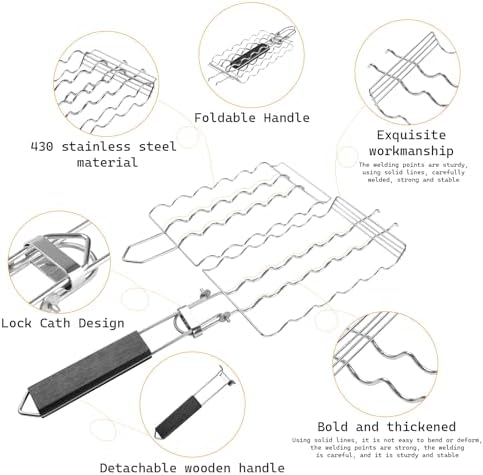 Hot Dog Holders for grilling with Brush - 6 hotdog bbq basket Stainless Steel Barbecue Mesh Clip，Removable Heat-Resistant Wooden Handle for Sausages, Steak, Vegetables Cooking, Easy to Clean & Store