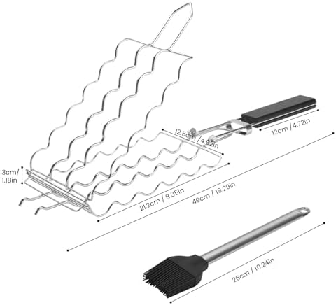 Hot Dog Holders for grilling with Brush - 6 hotdog bbq basket Stainless Steel Barbecue Mesh Clip，Removable Heat-Resistant Wooden Handle for Sausages, Steak, Vegetables Cooking, Easy to Clean & Store