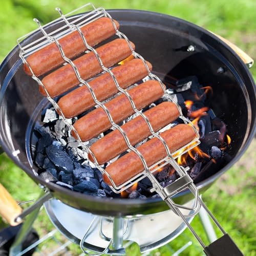 Hot Dog Holders for grilling with Brush - 6 hotdog bbq basket Stainless Steel Barbecue Mesh Clip，Removable Heat-Resistant Wooden Handle for Sausages, Steak, Vegetables Cooking, Easy to Clean & Store