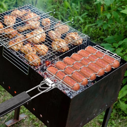 Hot Dog Holders for grilling with Brush - 6 hotdog bbq basket Stainless Steel Barbecue Mesh Clip，Removable Heat-Resistant Wooden Handle for Sausages, Steak, Vegetables Cooking, Easy to Clean & Store