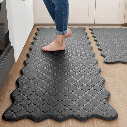 Upgrade Scalloped Embossed Kitchen Mats for Floor 2PCS Cushioned Anti Fatigue Waterproof Foam Kitchen Rugs Non Slip Washable Comfort Standing Mat for Office Sink Laundry, Black