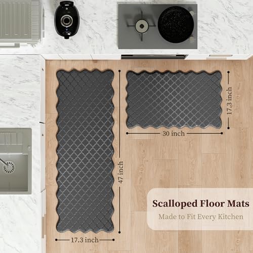 Upgrade Scalloped Embossed Kitchen Mats for Floor 2PCS Cushioned Anti Fatigue Waterproof Foam Kitchen Rugs Non Slip Washable Comfort Standing Mat for Office Sink Laundry, Black