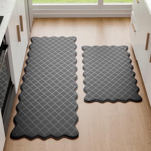 Upgrade Scalloped Embossed Kitchen Mats for Floor 2PCS Cushioned Anti Fatigue Waterproof Foam Kitchen Rugs Non Slip Washable Comfort Standing Mat for Office Sink Laundry, Black