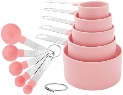 Measuring Cups and Spoons Set, 10-Piece Stackable Kitchen Tools with Stainless Steel Handles, Nesting Measurement Gadgets for Cooking & Baking (pink)
