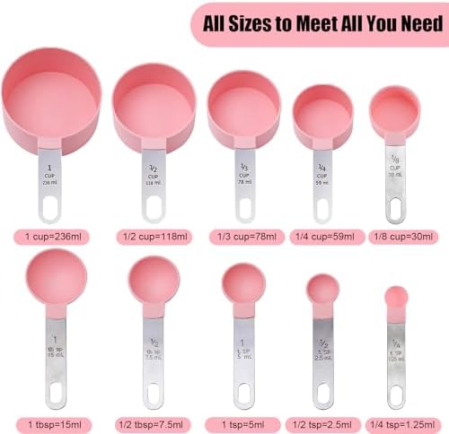 Measuring Cups and Spoons Set, 10-Piece Stackable Kitchen Tools with Stainless Steel Handles, Nesting Measurement Gadgets for Cooking & Baking (pink)