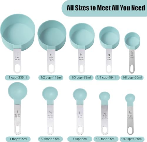 Measuring Cups and Spoons Set, 10-Piece Stackable Kitchen Tools with Stainless Steel Handles, Nesting Measurement Gadgets for Cooking & Baking (mint green)