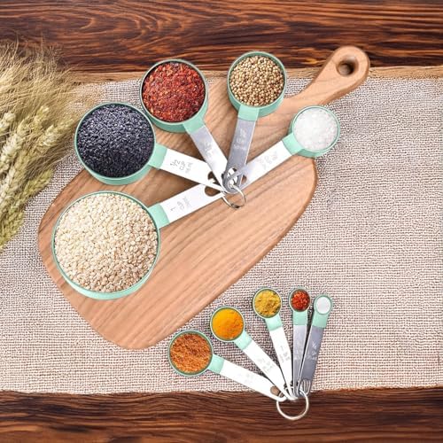 Measuring Cups and Spoons Set, 10-Piece Stackable Kitchen Tools with Stainless Steel Handles, Nesting Measurement Gadgets for Cooking & Baking (mint green)