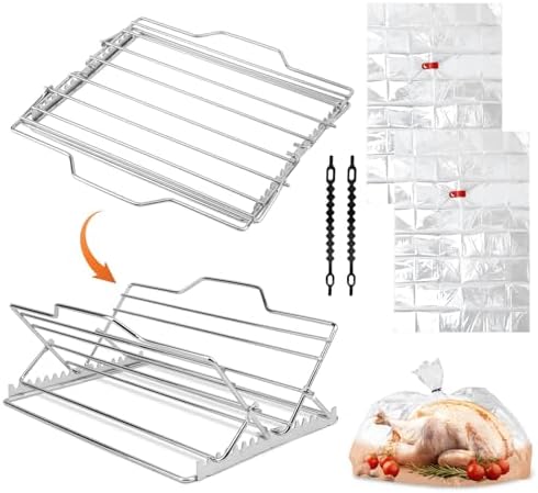 ‌Adjustable Chicken & Turkey Roasting Rack - Non-Stick Roasting and Cooling Rack, Foldable, Stainless Steel V-Shaped Stand for Turkey Chicken Outdoor Indoor Grilling Oven/Grill