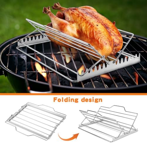 ‌Adjustable Chicken & Turkey Roasting Rack - Non-Stick Roasting and Cooling Rack, Foldable, Stainless Steel V-Shaped Stand for Turkey Chicken Outdoor Indoor Grilling Oven/Grill
