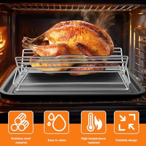 ‌Adjustable Chicken & Turkey Roasting Rack - Non-Stick Roasting and Cooling Rack, Foldable, Stainless Steel V-Shaped Stand for Turkey Chicken Outdoor Indoor Grilling Oven/Grill