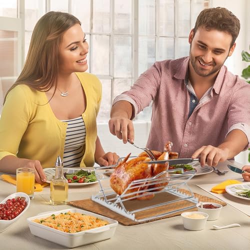 ‌Adjustable Chicken & Turkey Roasting Rack - Non-Stick Roasting and Cooling Rack, Foldable, Stainless Steel V-Shaped Stand for Turkey Chicken Outdoor Indoor Grilling Oven/Grill