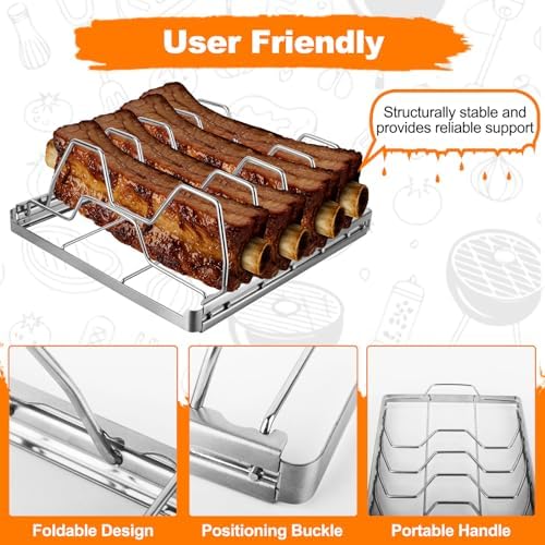 Rib Rack for Smoking and Grilling, Smoking-holds Up to 4 Full Racks of Ribs for Standing Rib Roast, Stainless Steel Meat Resting Rack for Outdoor Grill Camping Picnics Barbecue Grills and Smokers