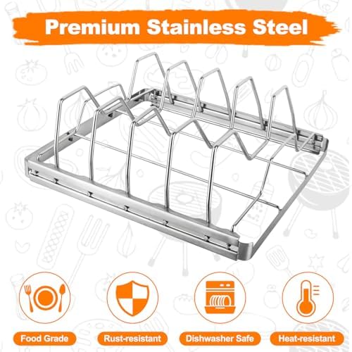 Rib Rack for Smoking and Grilling, Smoking-holds Up to 4 Full Racks of Ribs for Standing Rib Roast, Stainless Steel Meat Resting Rack for Outdoor Grill Camping Picnics Barbecue Grills and Smokers