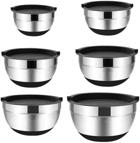 6PCS Silicone Bottom Thickened With Lid Cooking Basin Stainless Steel Egg Beating Salad Mixing Kitchen Baking(1 set)