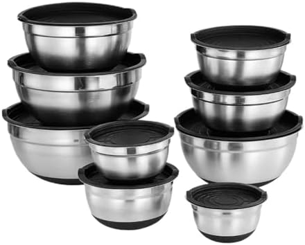 6PCS Silicone Bottom Thickened With Lid Cooking Basin Stainless Steel Egg Beating Salad Mixing Kitchen Baking(1 set)