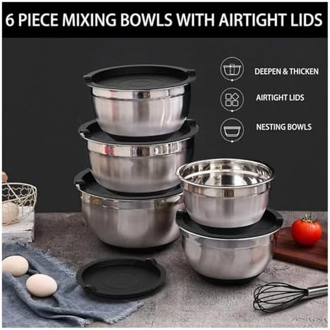 6PCS Silicone Bottom Thickened With Lid Cooking Basin Stainless Steel Egg Beating Salad Mixing Kitchen Baking(1 set)