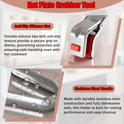 2Pcs Stainless Steel Hot Plate Gripper Tongs, Anti Scald Bowl Holder Clip Tool, Silicone Anti-Slip Heat Insulation Pplate Gripper, for Microwave, Pizza Pan, Toaster, Air Fryer, Oven