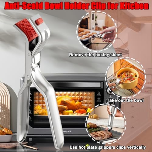 2Pcs Stainless Steel Hot Plate Gripper Tongs, Anti Scald Bowl Holder Clip Tool, Silicone Anti-Slip Heat Insulation Pplate Gripper, for Microwave, Pizza Pan, Toaster, Air Fryer, Oven