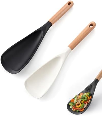 2PCS Multifunction Cooking Spoon for Non-stick Cookware, Wooden Handle Silicone Spatula Spoons for Mixing Scoop Scrape Serving