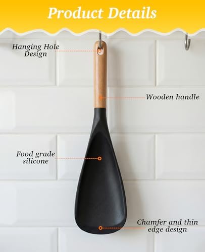 2PCS Multifunction Cooking Spoon for Non-stick Cookware, Wooden Handle Silicone Spatula Spoons for Mixing Scoop Scrape Serving