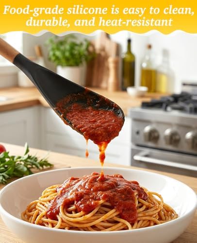 2PCS Multifunction Cooking Spoon for Non-stick Cookware, Wooden Handle Silicone Spatula Spoons for Mixing Scoop Scrape Serving