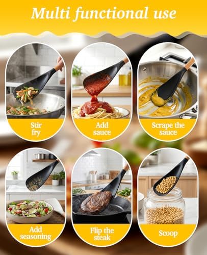 2PCS Multifunction Cooking Spoon for Non-stick Cookware, Wooden Handle Silicone Spatula Spoons for Mixing Scoop Scrape Serving