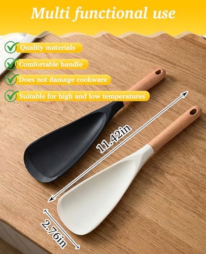 2PCS Multifunction Cooking Spoon for Non-stick Cookware, Wooden Handle Silicone Spatula Spoons for Mixing Scoop Scrape Serving