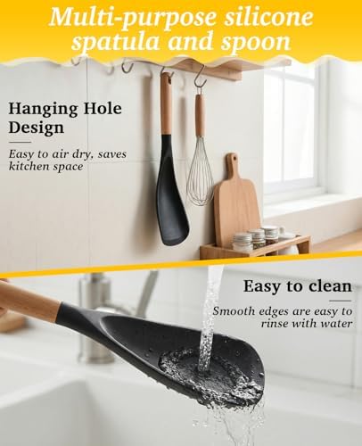 2PCS Multifunction Cooking Spoon for Non-stick Cookware, Wooden Handle Silicone Spatula Spoons for Mixing Scoop Scrape Serving