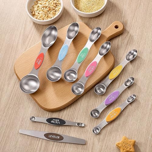 Magnetic Stainless Steel Measuring Spoon Set, 9-Piece Double Sided with Leveler for Baking, Cooking, Dry and Liquid Ingredients, Mix