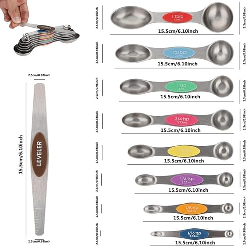 Magnetic Stainless Steel Measuring Spoon Set, 9-Piece Double Sided with Leveler for Baking, Cooking, Dry and Liquid Ingredients, Mix