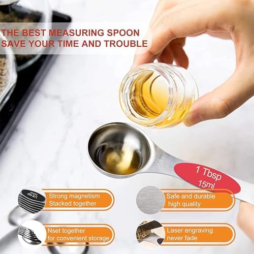 Magnetic Stainless Steel Measuring Spoon Set, 9-Piece Double Sided with Leveler for Baking, Cooking, Dry and Liquid Ingredients, Mix