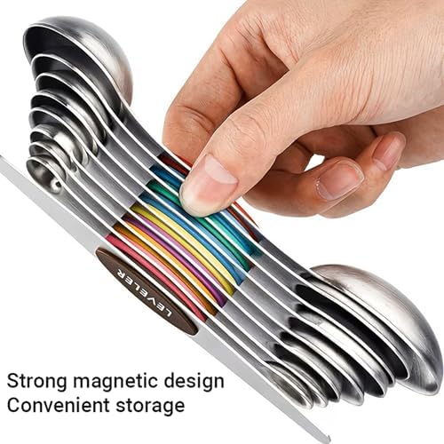 Magnetic Stainless Steel Measuring Spoon Set, 9-Piece Double Sided with Leveler for Baking, Cooking, Dry and Liquid Ingredients, Mix