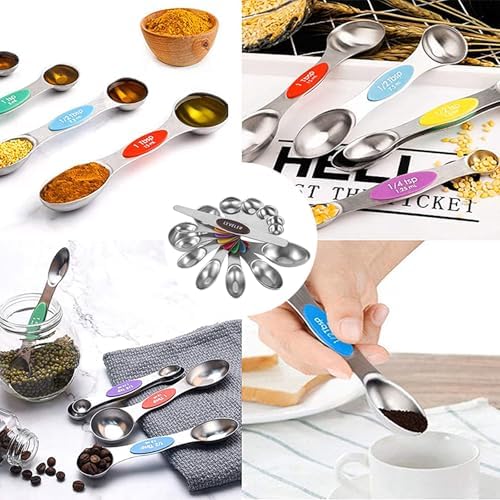 Magnetic Stainless Steel Measuring Spoon Set, 9-Piece Double Sided with Leveler for Baking, Cooking, Dry and Liquid Ingredients, Mix