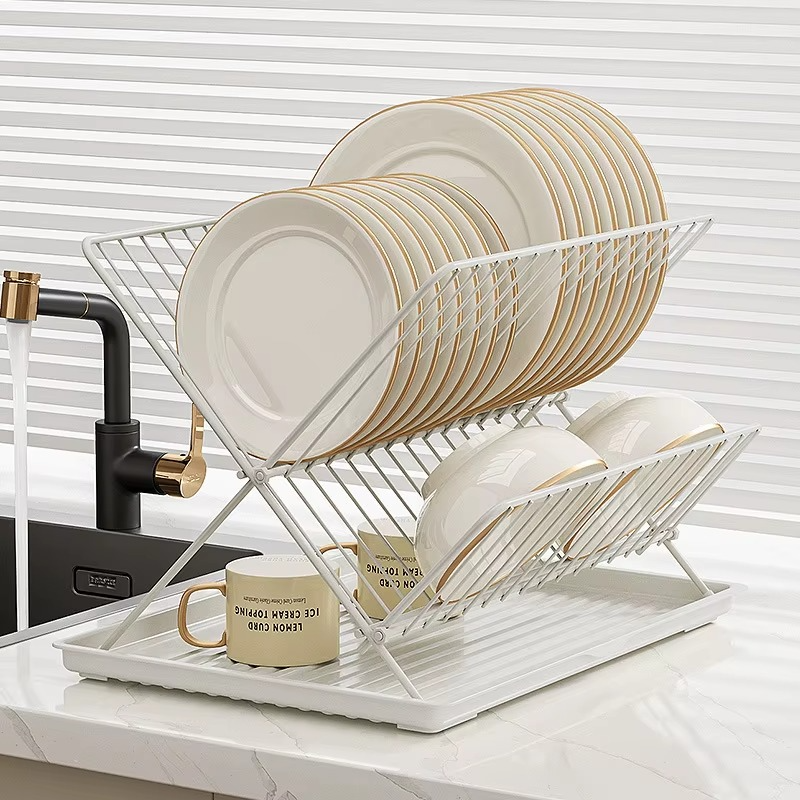Foldable X-Shape Dish Drying Rack – 2 Tier Countertop Dish Drainer for Plates, Bowls & Kitchen Tableware Holder