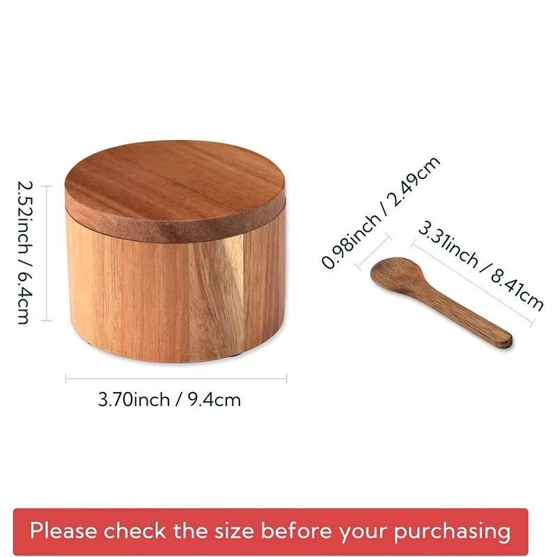 Acacia Wood Salt and Pepper Bowl Box with Lid and Spoon Acacia Salt Cellar with 360° Swivel Lid Spice Seasoning Container JT509