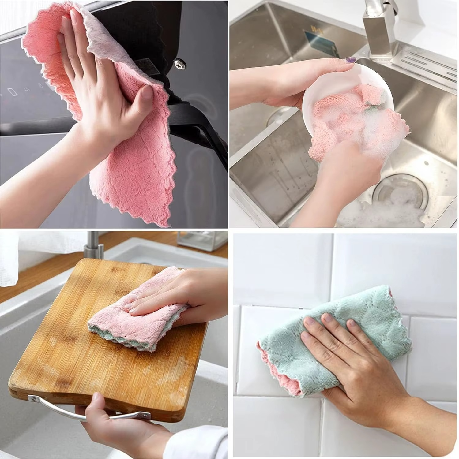 Super Absorbent Microfiber Kitchen Cleaning Towels – Double Layer Non-Stick Oil Dishcloths, Reusable Washing Cloths & Scouring Pads