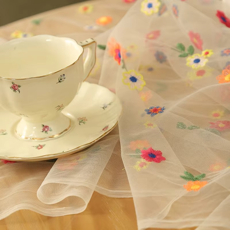 Stylish Embroidered Floral Tablecloth – Colorful Mesh Lace & Soft Tulle Fabric Table Cover for Wedding, Dining & Dressing Table Decor