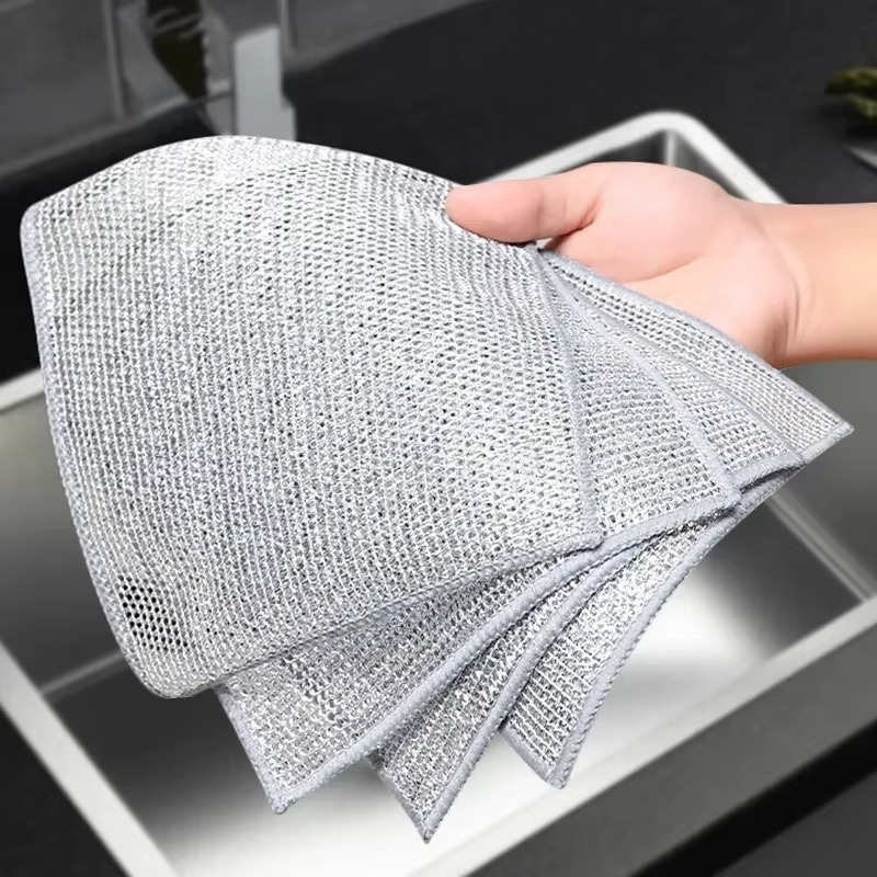 Magic Silver Wire Dishcloth (1/50 PCS) – Thickened Microfiber Cleaning Cloth with Built-in Sponge, Non-Scratch Steel Wire Scouring Towel for Kitchen Cleaning