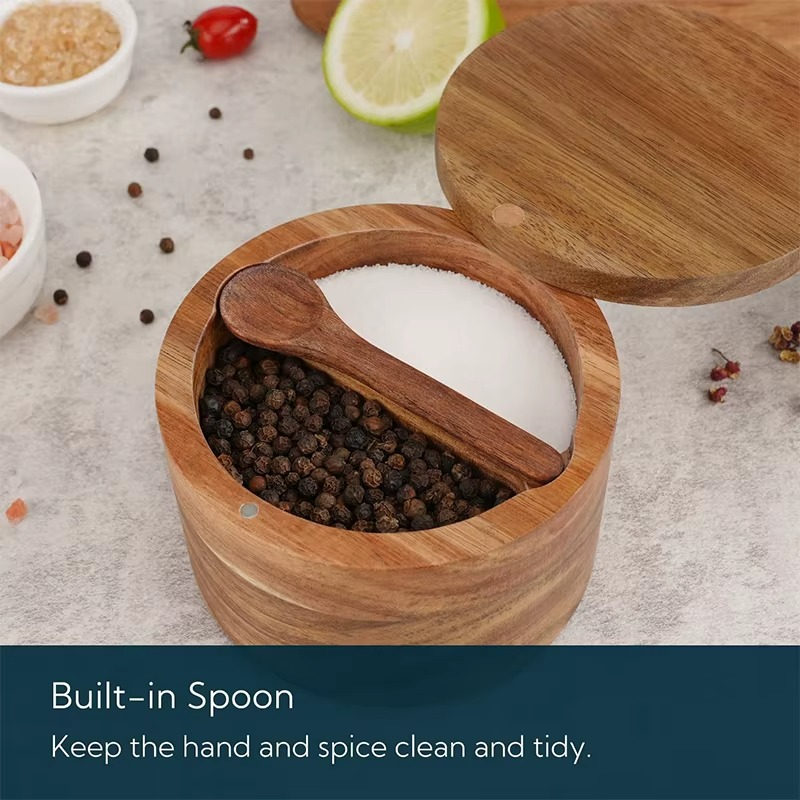 Acacia Wood Salt and Pepper Bowl Box with Lid and Spoon Acacia Salt Cellar with 360° Swivel Lid Spice Seasoning Container JT509