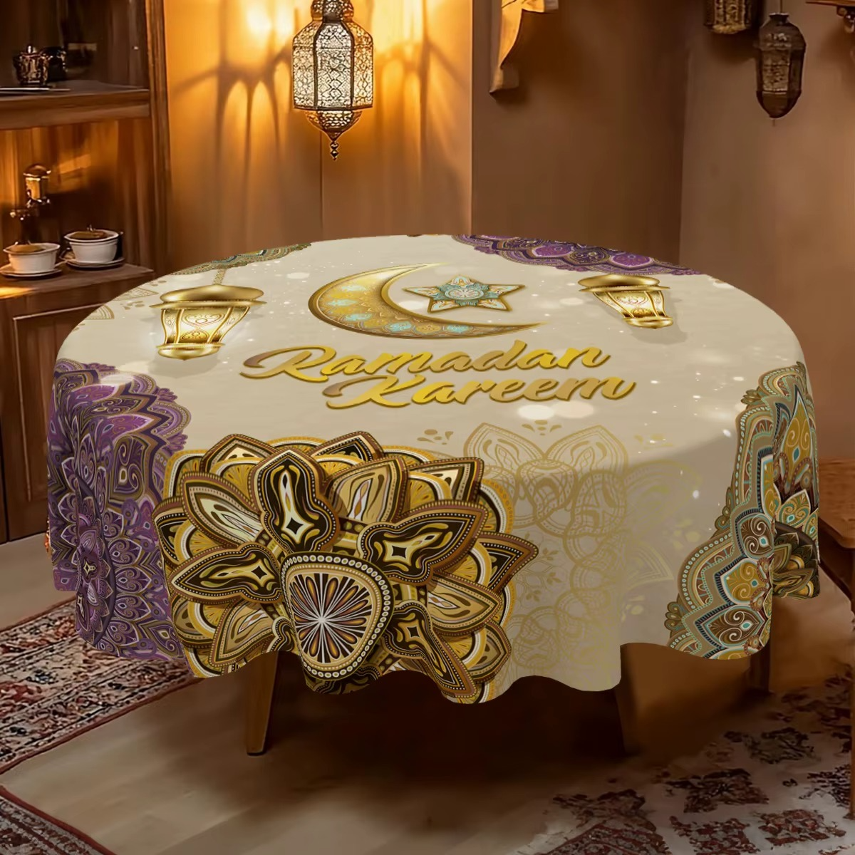 Ramadan Round Table Cover – Ramadan Kareem Islamic Decoration Tablecloth for Home, Eid Al-Fitr Party & Muslim Festive Table Decor 2026