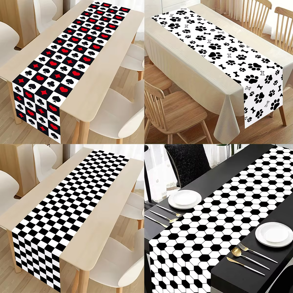 Black & White Checkered Table Runner – Soccer Party Polyester Table Cover for Kitchen, Birthday Party & Picnic Decoration