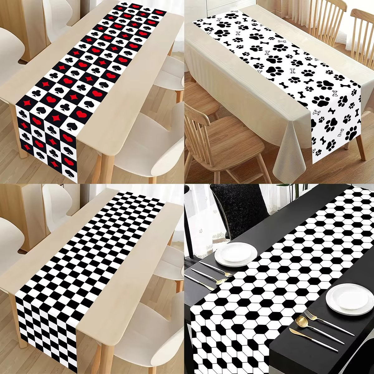 Black & White Checkered Table Runner – Soccer Party Polyester Table Cover for Kitchen, Birthday Party & Picnic Decoration
