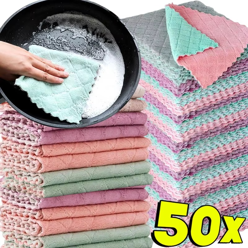 Super Absorbent Microfiber Kitchen Cleaning Towels – Double Layer Non-Stick Oil Dishcloths, Reusable Washing Cloths & Scouring Pads