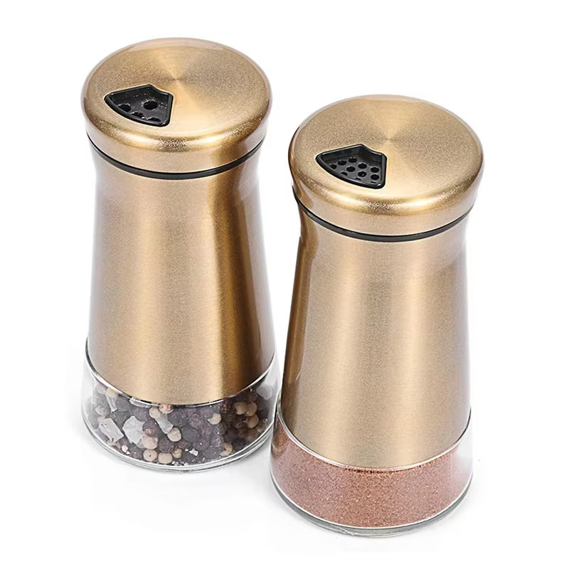 2PCS Copper Stainless Steel Salt & Pepper Shakers – Clear Bottom Spice Jars with Stainless Steel Lid, Refillable Kitchen Seasoning Containers