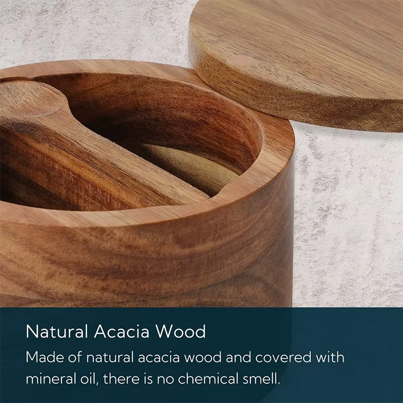 Acacia Wood Salt and Pepper Bowl Box with Lid and Spoon Acacia Salt Cellar with 360° Swivel Lid Spice Seasoning Container JT509