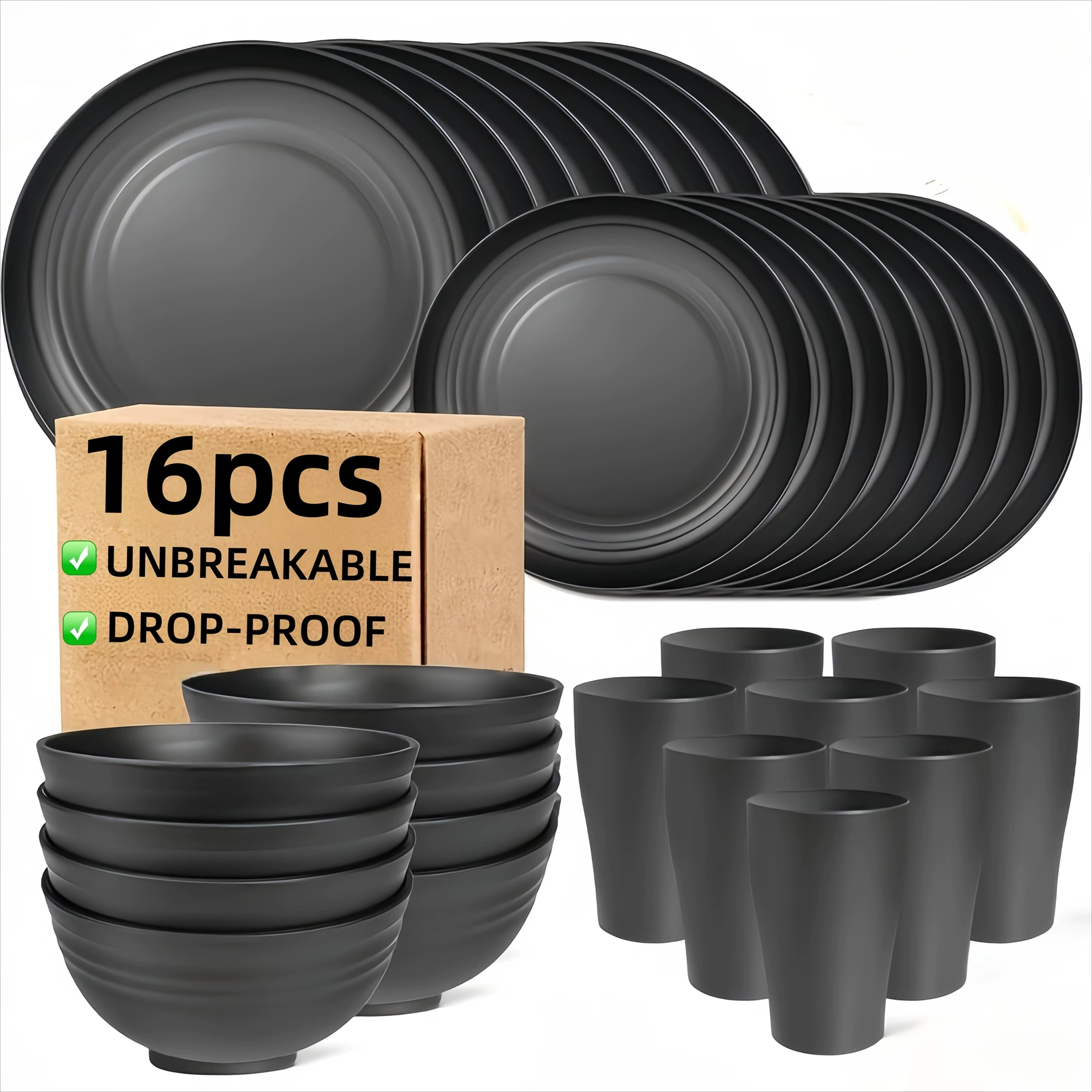 16-PC Unbreakable Plastic Dinnerware Set | Microwave & Dishwasher Safe Plates Bowls Cups | Heavy Duty Home/Commercial Use