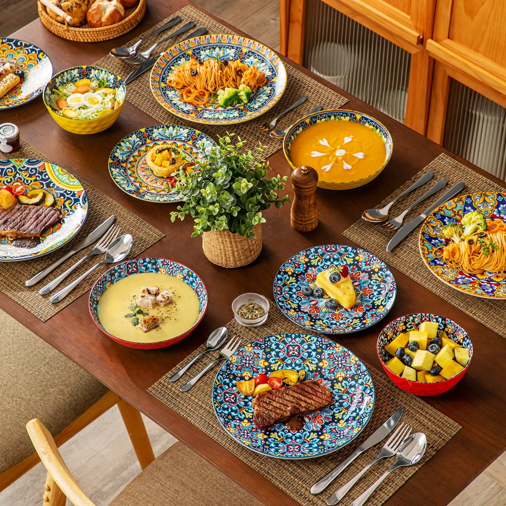 vancasso Ceramic Dinnerware Set 12/16/18/24 Piece – Bohemian Stoneware Plates & Bowls Set for 6, Dinner/Dessert Plates & Cereal/Pasta Bowls