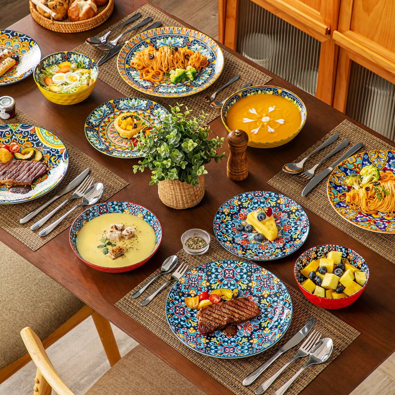 vancasso Ceramic Dinnerware Set 12/16/18/24 Piece – Bohemian Stoneware Plates & Bowls Set for 6, Dinner/Dessert Plates & Cereal/Pasta Bowls